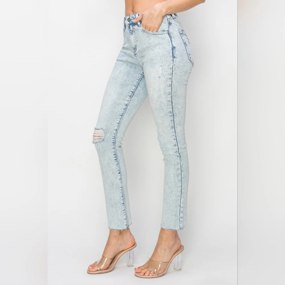RISEN High-Rise Denim Skinny Distressed Torn Hole Ankle Raw Hem Jeans Slim Pants